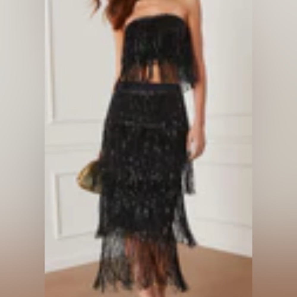 Black Sequin Fringe Two-Piece Set - Strapless Crop Top & Midi Skirt